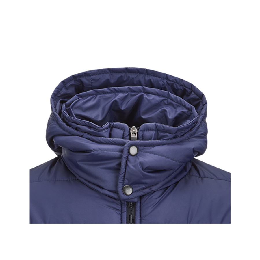 Close-up of a navy customisable padded coat showing the insulated hood with quilted lining, full-length zip, storm flap with press studs and high padded collar, designed for sports teams, clubs and outdoor training in cold weather.