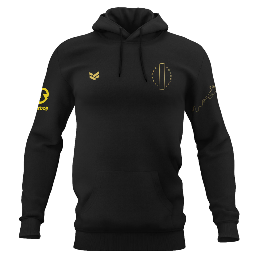Minimalist bespoke branded black hoodie with embroidered chest logos, printed sleeve graphics and a front pouch pocket.