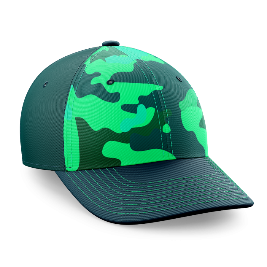 Green custom baseball cap featuring a dark green and neon green camouflage print across the crown with a matching dark green curved peak, ideal for sports teams, clubs, events and branded merchandise.