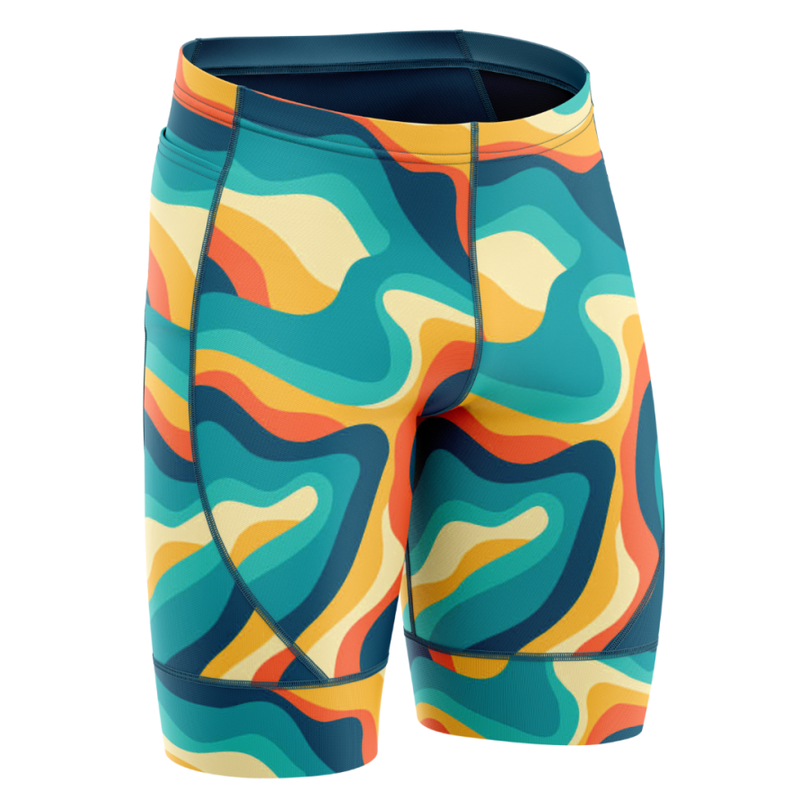 Personalised triathlon shorts with colourful retro-inspired pattern and performance compression fabric.