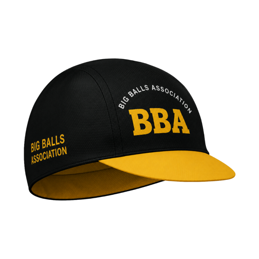 Black cycling cap with a yellow peak, bold BBA logo on the front and matching yellow club branding printed around the sides.