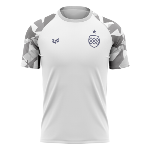 Customisable fixed template multisports jersey with geometric sleeve pattern and lightweight fabric.