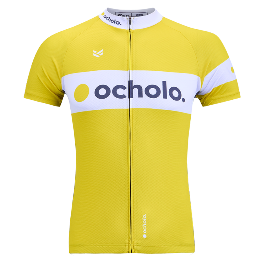 Ocholo branded personalised cycling jersey in bright yellow with a white chest stripe and full-length zip.