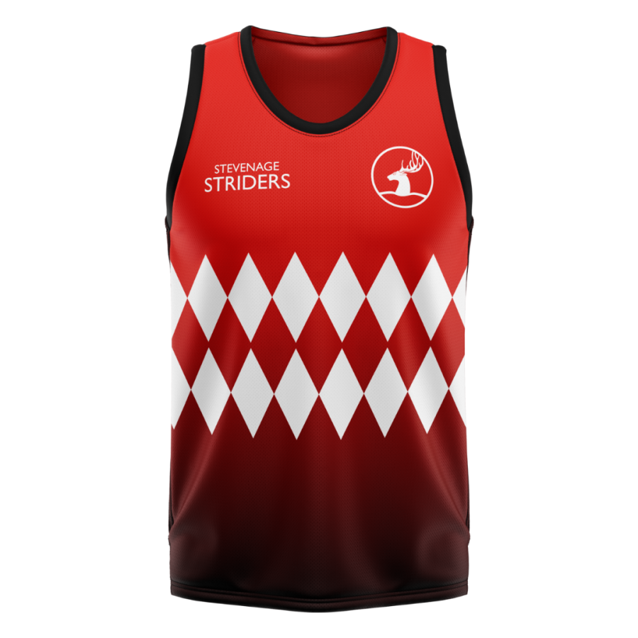 Custom sports vest with a red and white diamond pattern, personalised with club logo and designed for running teams, events and training.