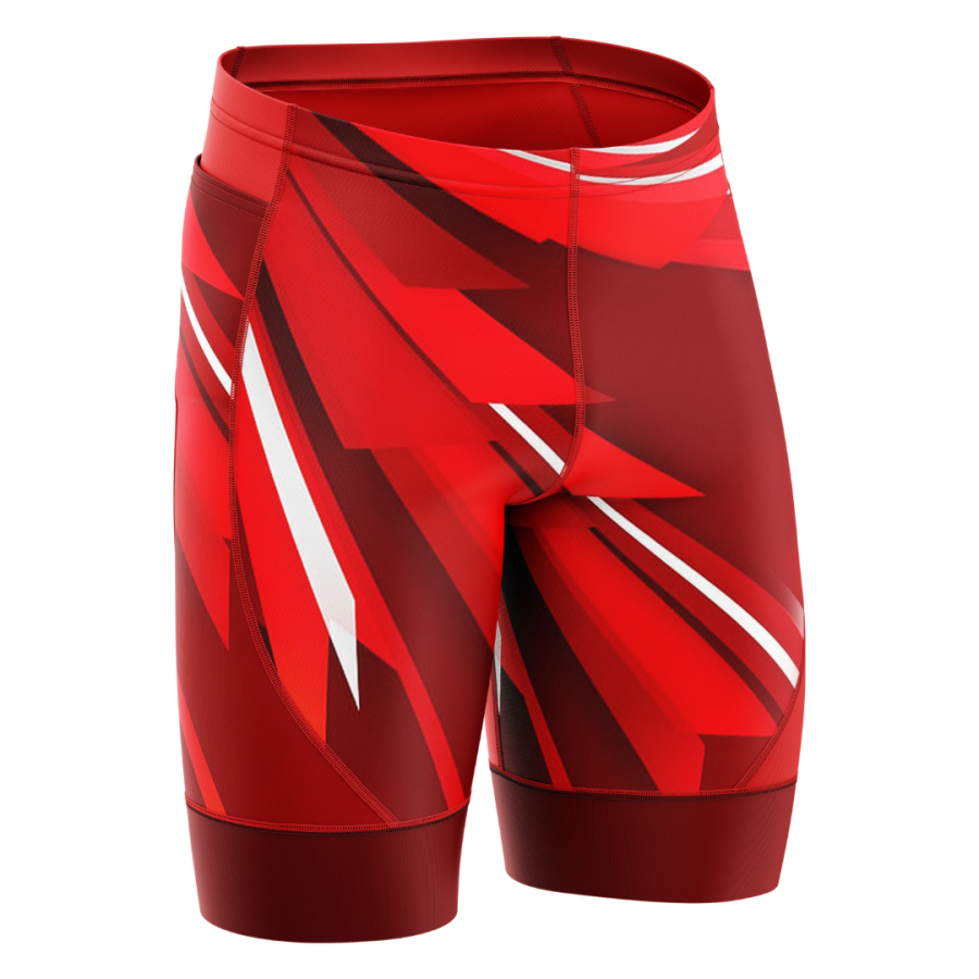 Customisable red triathlon shorts with bold geometric graphics and close-fitting design for race day.