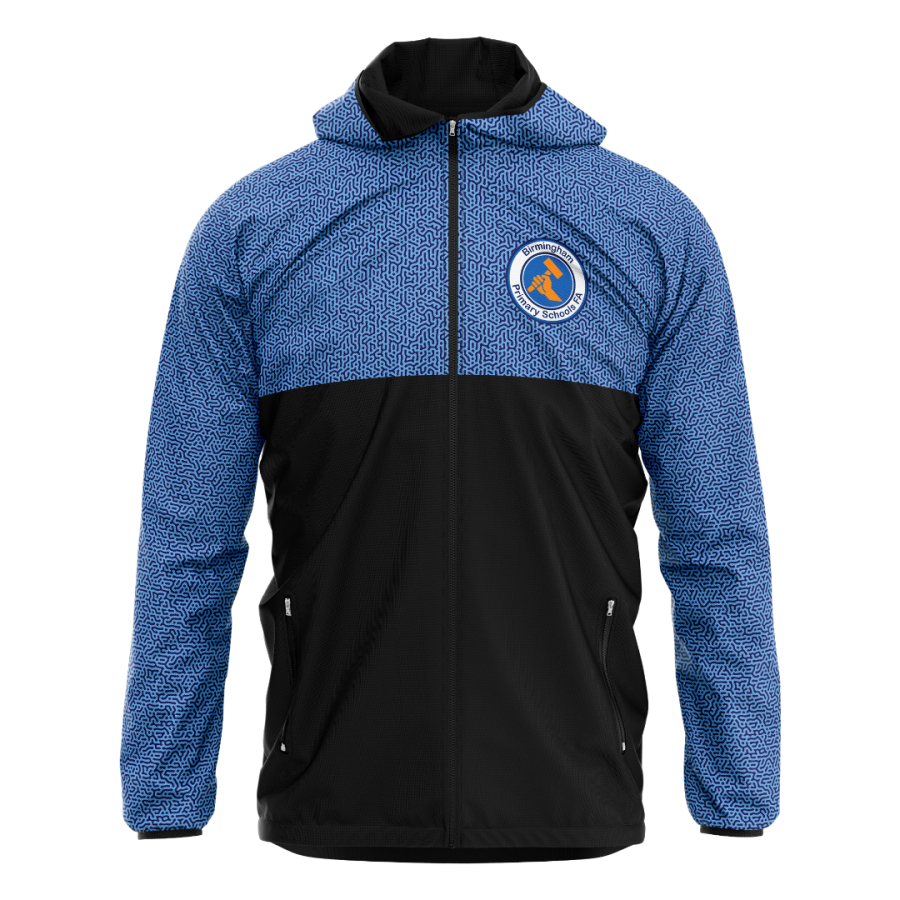 Personalised blue and black hooded windbreaker featuring an all-over patterned upper panel and custom embroidered crest.