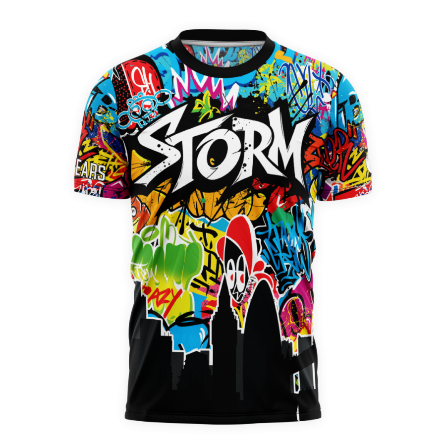 Customisable dodgeball shirt with vibrant graffiti artwork and bold all-over print.