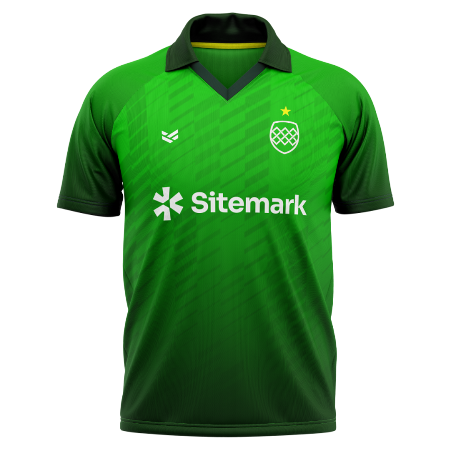 Dark green raglan sleeves frame a bright green cricket shirt with a traditional collar, subtle tonal graphics and sponsor branding across the chest.
