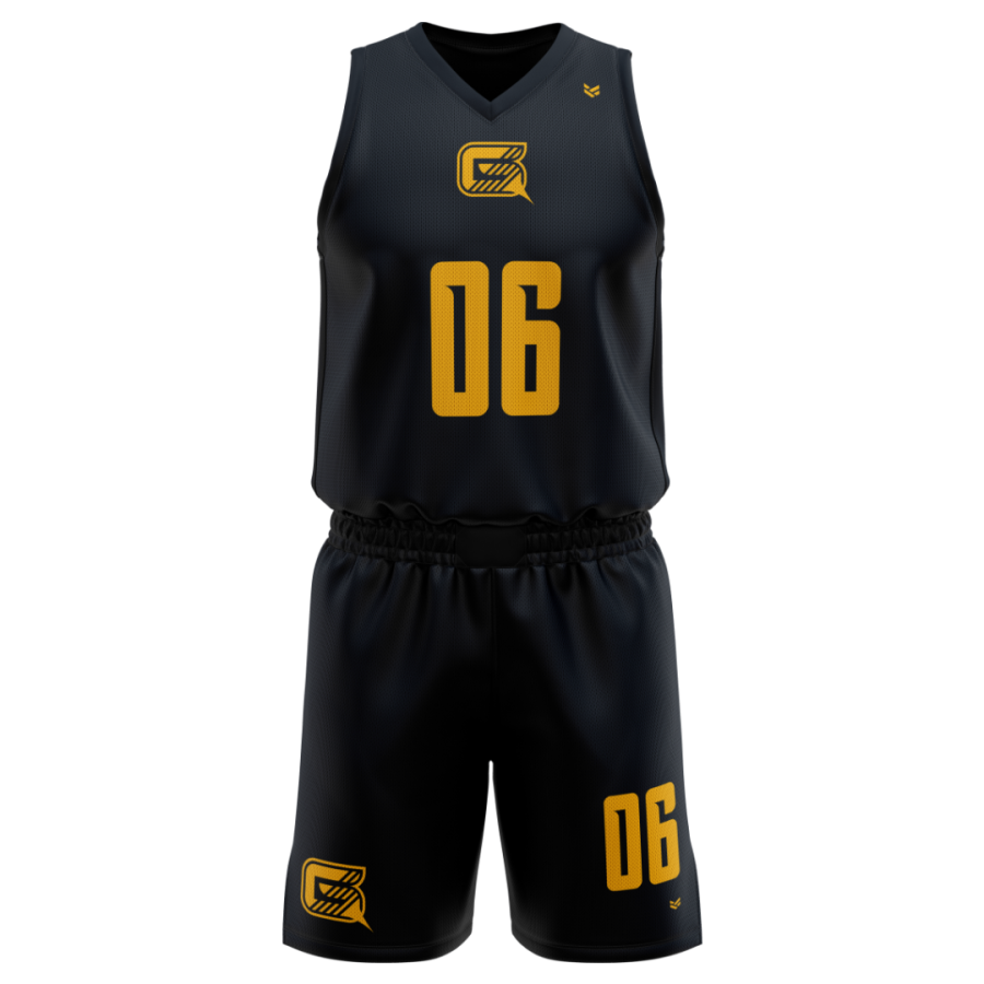 Black and gold custom basketball kit with number 06, matching shorts and team logo, designed for clubs, schools, universities and competitive basketball teams.