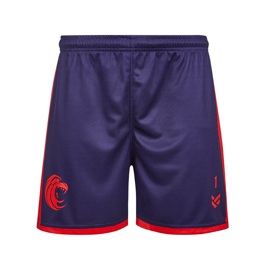 A pair of dark blue custom shorts with red trim and a red logo of a lions head.