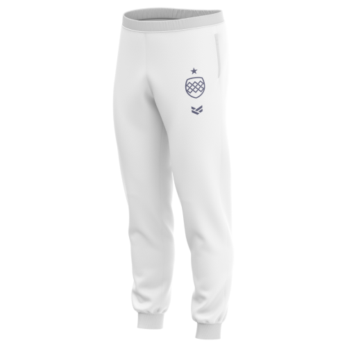 A white pair of customisable tracksuit bottoms with tapered fit, elasticated cuffs and side pockets.