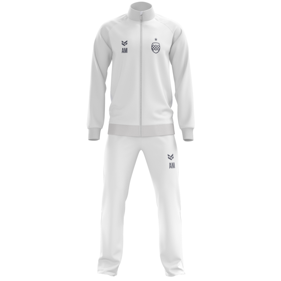 White customisable tracksuit featuring a full zip jacket and trousers, with editable colours, logos and branding.