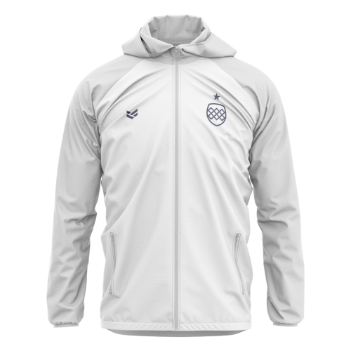 White customisable windbreaker jacket with hood and zip front, featuring editable colours, logos and branding.