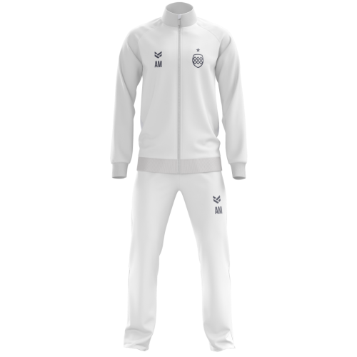 White customisable tracksuit featuring a full zip jacket and trousers, with editable colours, logos and branding.