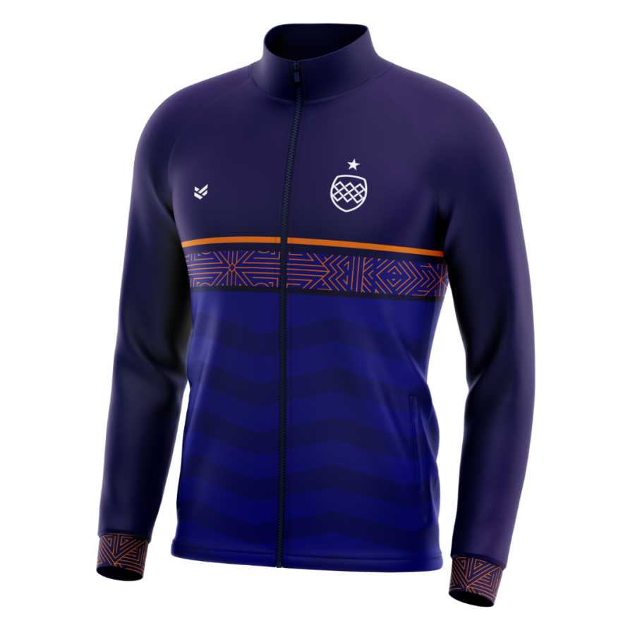 Custom tracksuit top in navy with orange patterned chest band, full zip front, stand-up collar and personalised branding.