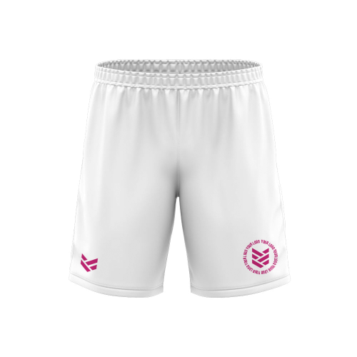 A pair of custom made sports shorts in white. They have a pink OLIK logo and a place holder logo for you to put your own club crest.