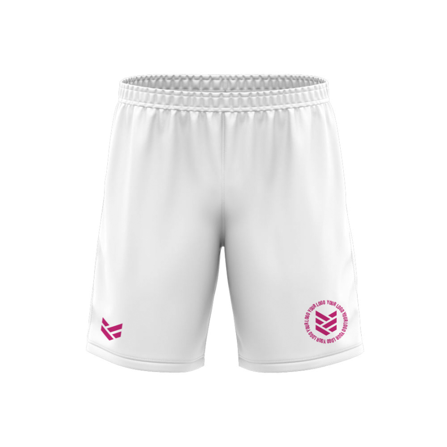 A pair of custom made sports shorts in white. They have a pink OLIK logo and a place holder logo for you to put your own club crest.