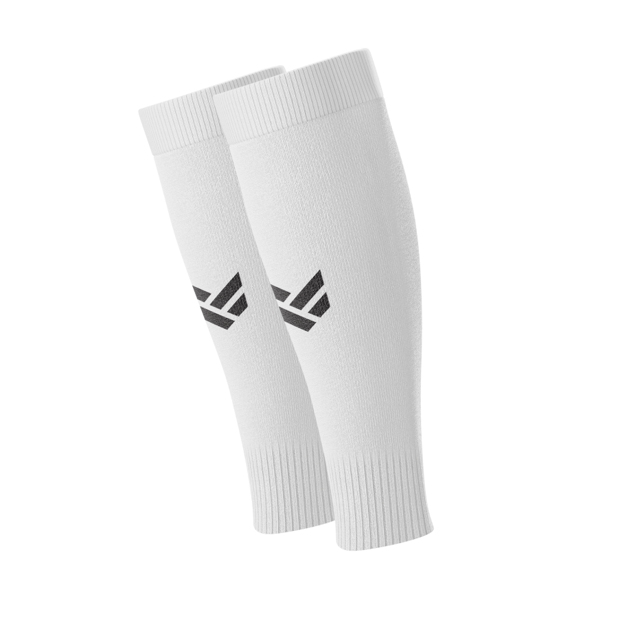 A pair of white sock sleeves with a black OLIK Sport logo on the shins.