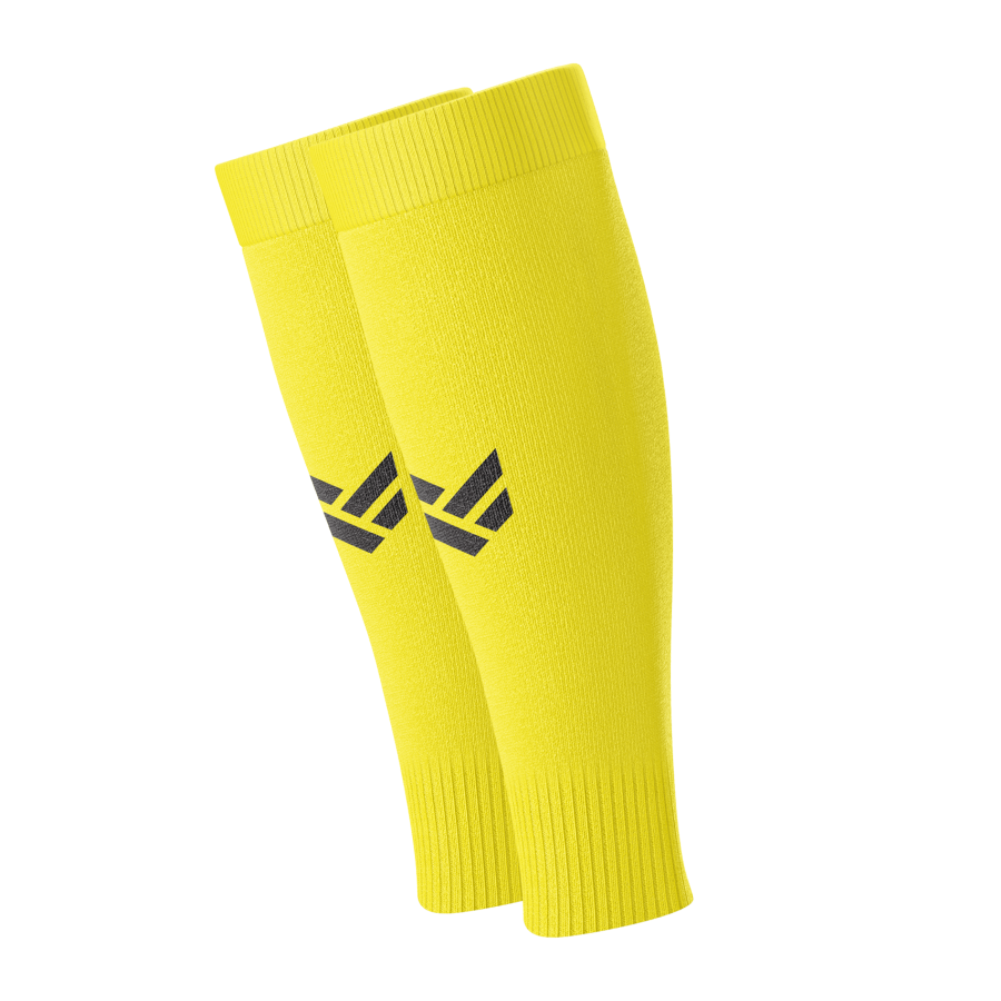 A pair of yellow sock sleeves with a black OLIK Sport logo on the shins.